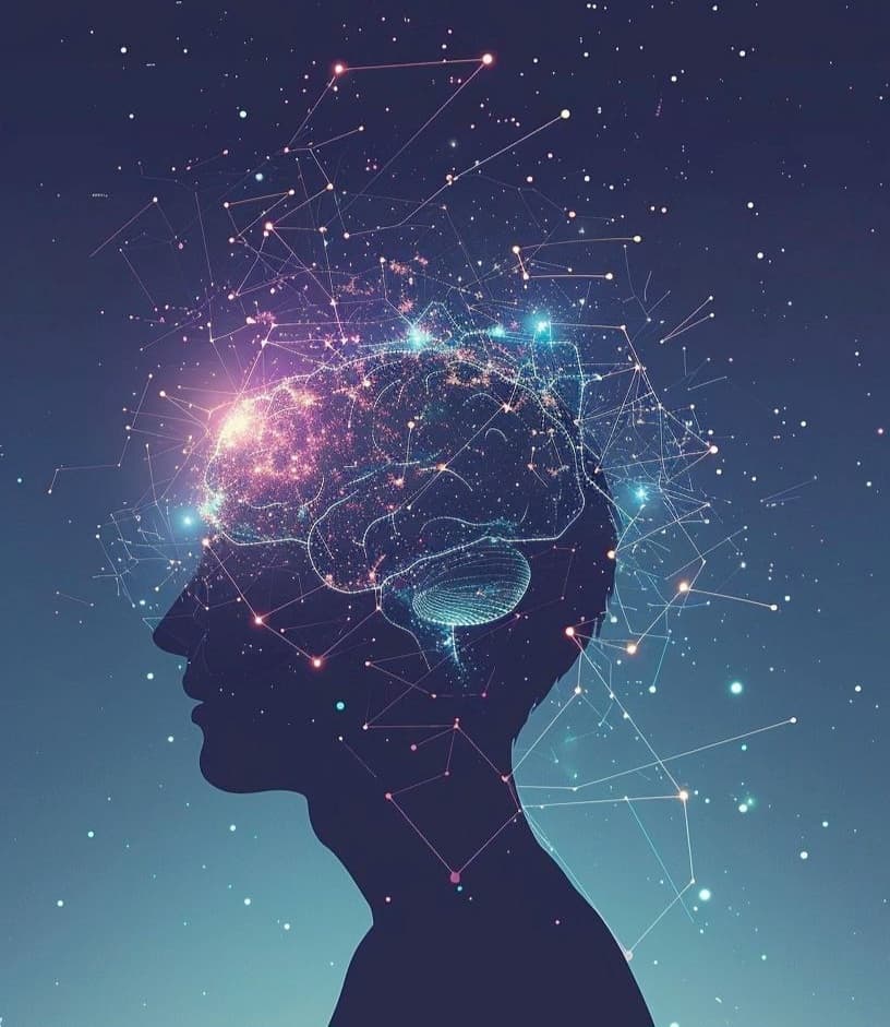 Human head silhouette with a glowing neural network brain, symbolizing creative intelligence